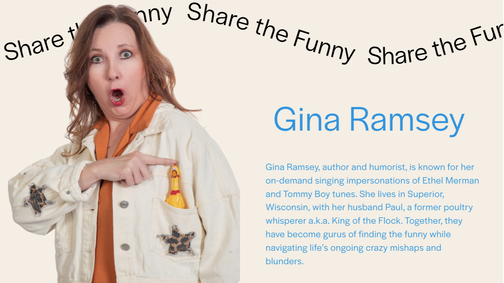 Gina Ramsey with a rubber chicken in her pocket promoting her first humor based book of short stories